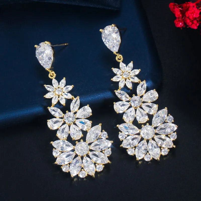 FLORETTE LUXURY CUBIC ZIRCONIA DROP EARRINGS IN GOLD OR SILVER