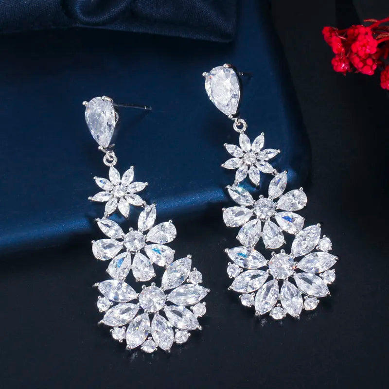 FLORETTE LUXURY CUBIC ZIRCONIA DROP EARRINGS IN GOLD OR SILVER