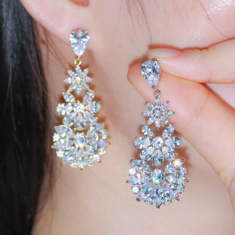 FLORETTE LUXURY CUBIC ZIRCONIA DROP EARRINGS IN GOLD OR SILVER