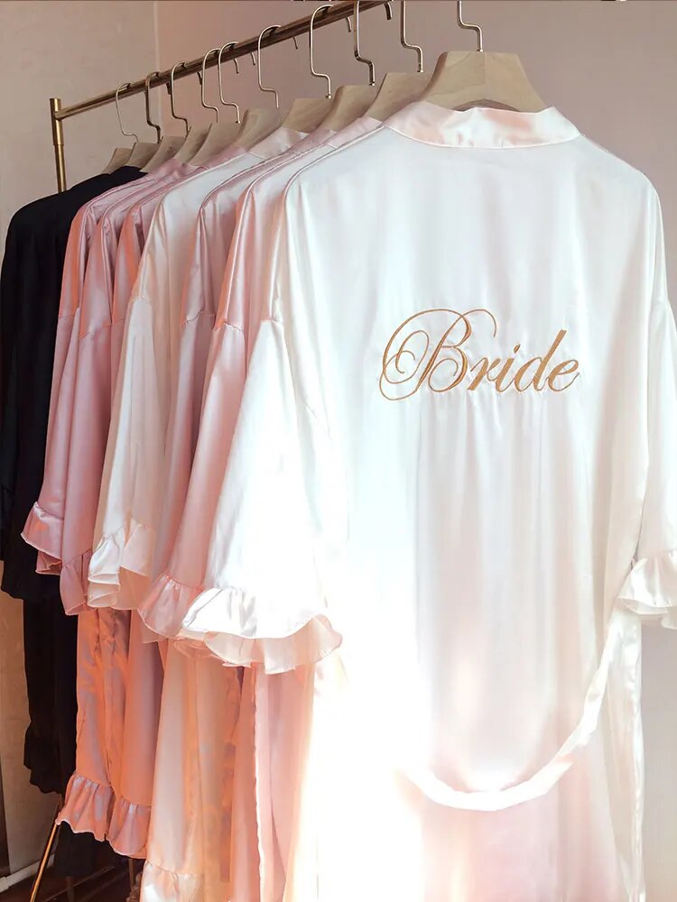 EMBROIDERED BRIDE & BRIDESMAIDS RUFFLE SATIN ROBE (AVAILABLE IN 8 COLOURS & SIZES 8 - 20)