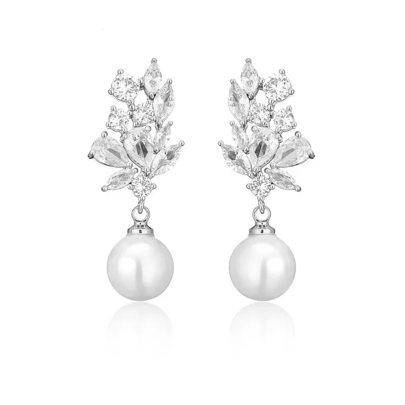 ROSALIND LUXURY CUBIC ZIRCONIA & SIMULATED PEARL DROP EARRINGS IN GOLD OR SILVER